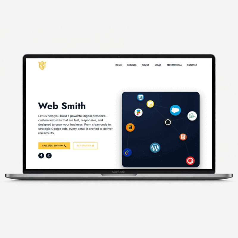 Animated preview of websites developed by Web Smith, showing custom WordPress and business website designs.